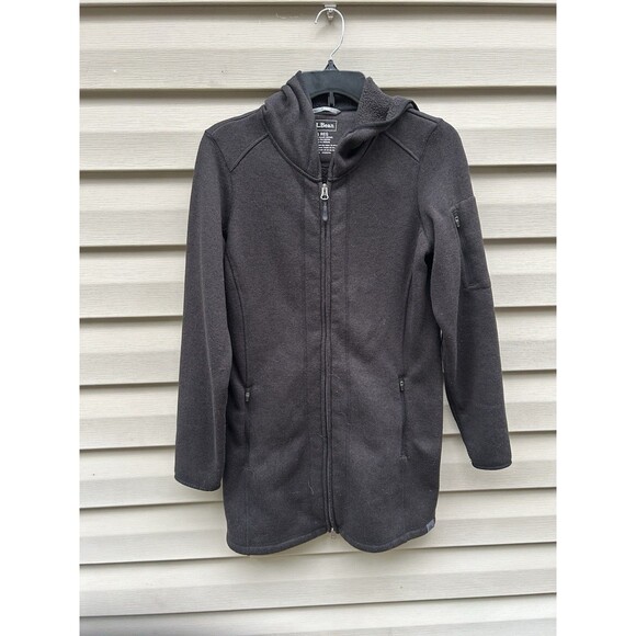LL Bean Sweater Jacket Womens Small Black Full Zip Hooded Fleece Long Gorpcore - Picture 1 of 7
